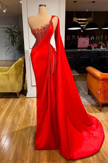 Trendy Red High Split Mermaid Prom Gown SREAL192