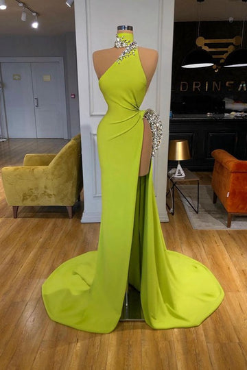 Trendy Yellow Green Sexy High Split Side Prom Gown SREAL203