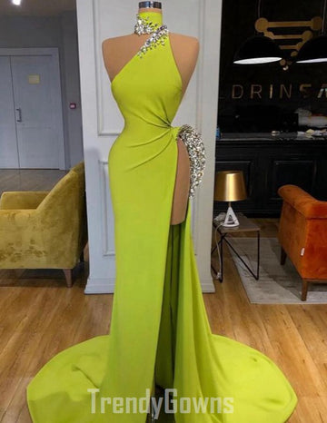 Trendy Yellow Green Sexy High Split Side Prom Gown SREAL203
