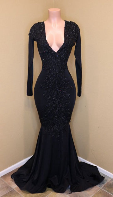 Trendy Black V neck Long Sleeve Mermaid Prom Gown SREAL209