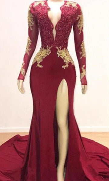 Trendy V neck Long Sleeve Lace Appliques Split Mermaid Prom Gowns SREAL210