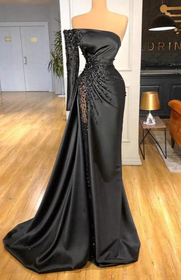 Trendy Black Long Sleeve One Shoulder Prom Gown SREAL211