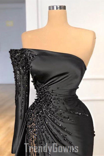 Trendy Black Long Sleeve One Shoulder Prom Gown SREAL211