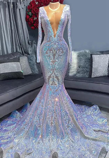 Trendy Sparkle Sequins V Neck Long Sleeves Mermaid Prom Gown SREAL212