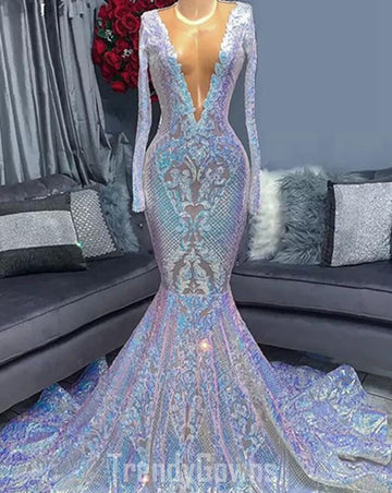 Trendy Sparkle Sequins V Neck Long Sleeves Mermaid Prom Gown SREAL212