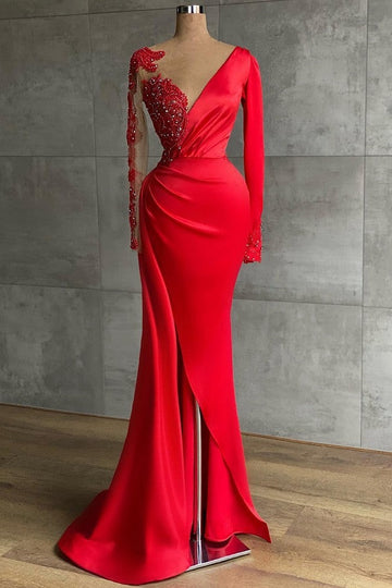 Trendy Red Long Sleeve V neck Mermaid Prom Gown SREAL215