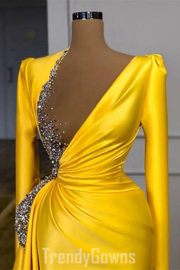 Trendy Yellow Long Sleeve Beading Satin Prom Gown SREAL221