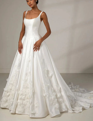 Vintage A Line Ivory Satin 3D Flowers Basque Waist Wedding Dresses BWD307