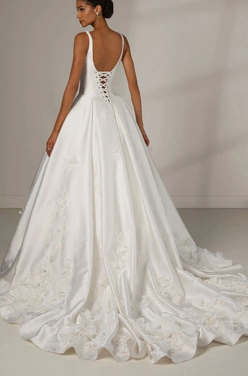 Vintage A Line Ivory Satin 3D Flowers Basque Waist Wedding Dresses BWD307