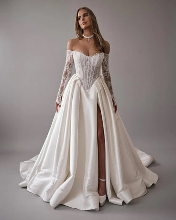 Off-the-shoulder Long Sleeve Satin Basque Waist Wedding Dress BWD308