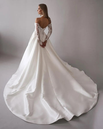 Off-the-shoulder Long Sleeve Satin Basque Waist Wedding Dress BWD308