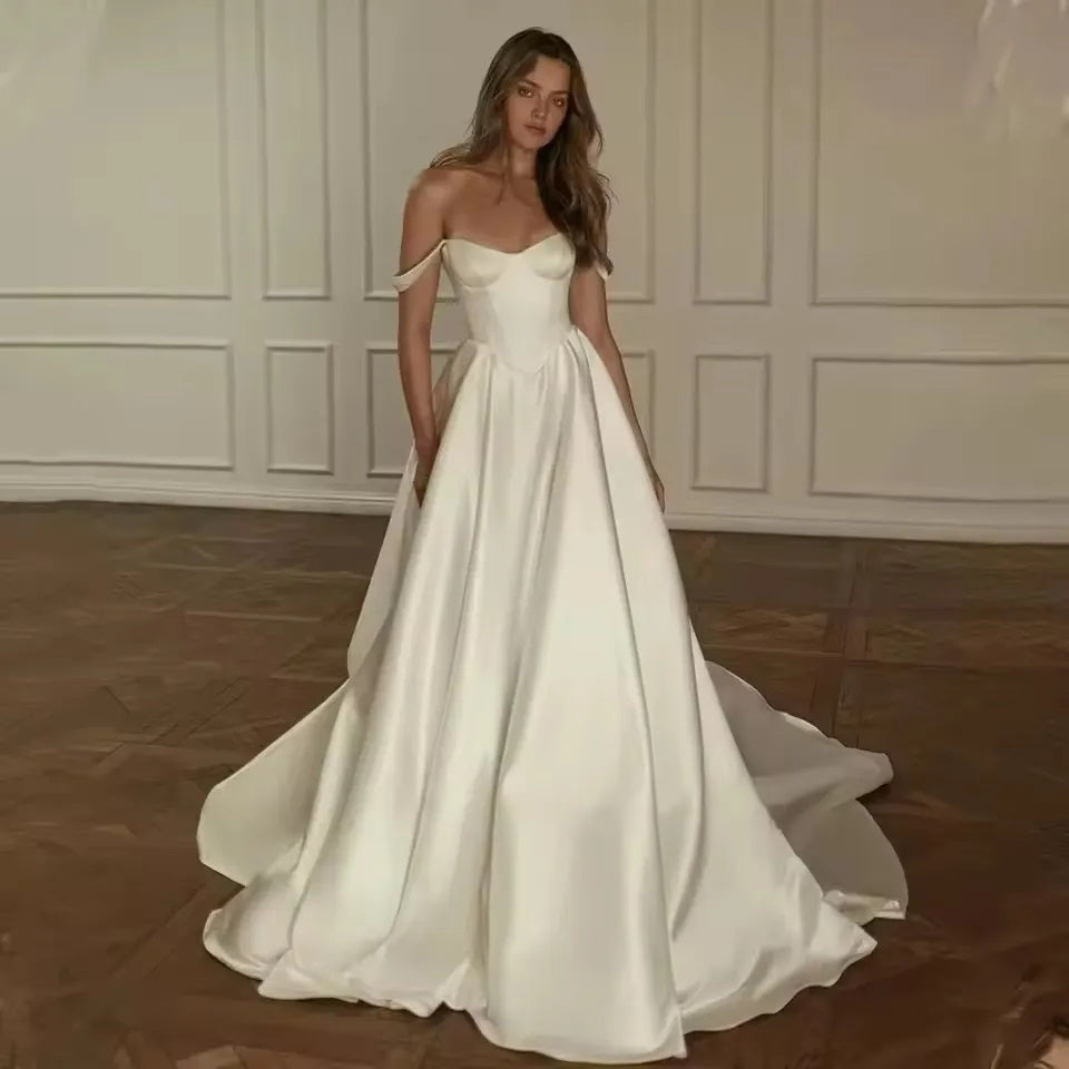Off The Shoulder Vintage Satin Basque Waist Wedding Dress BWD309