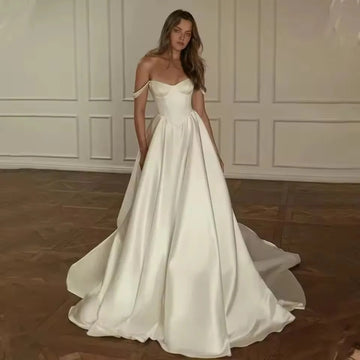 Off The Shoulder Vintage Satin Basque Waist Wedding Dress BWD309