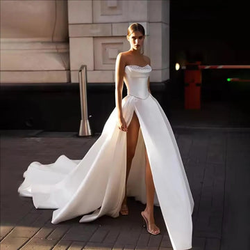 Modern Pearls Strapless Satin Sexy High Split Basque Waist Wedding Dress BWD311