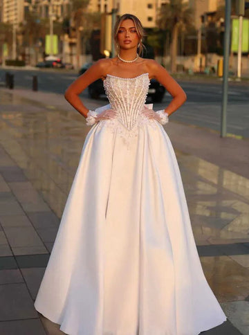 Modern Chic Pearls Strapless Satin Basque Waist Wedding Dress BWD312