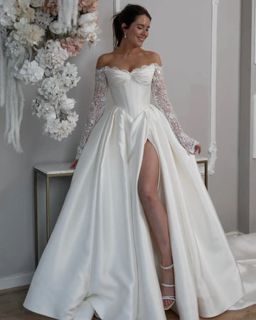 Long Sleeve Beading Satin Basque Waist Wedding Dress BWD313