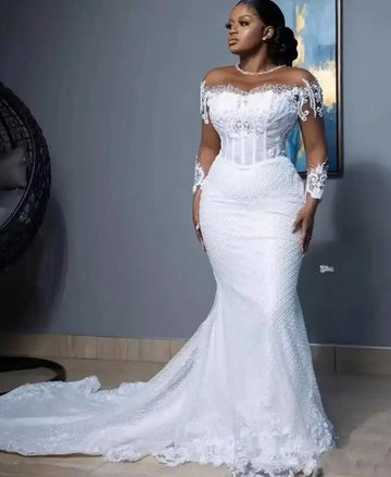 Plus Size Lace Sheer Long Sleeve Mermaid Basque Waist Wedding Dress BWD315