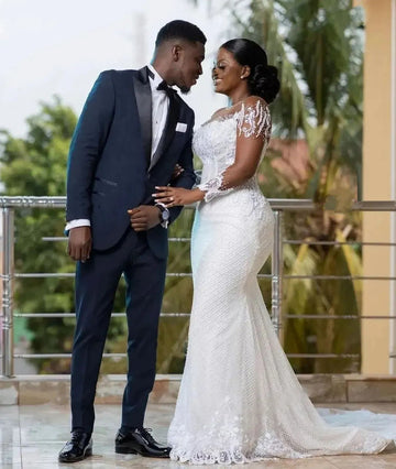 Plus Size Lace Sheer Long Sleeve Mermaid Basque Waist Wedding Dress BWD315