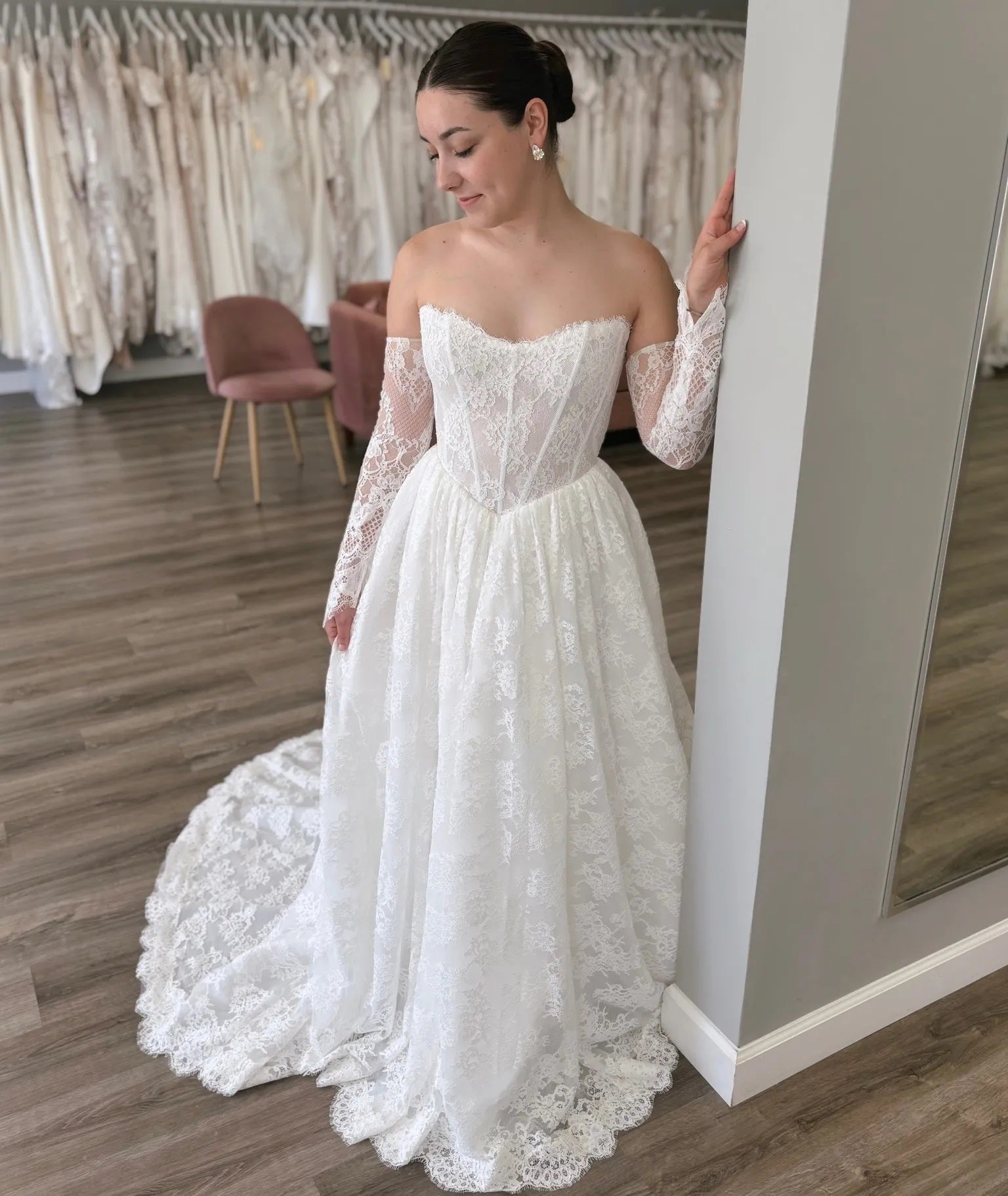 Off the Shoulder Long Sleeve Lace Basque Waist Wedding Dress BWD317