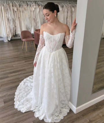 Off the Shoulder Long Sleeve Lace Basque Waist Wedding Dress BWD317