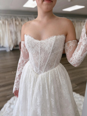 Off the Shoulder Long Sleeve Lace Basque Waist Wedding Dress BWD317