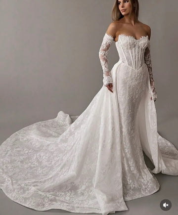 Mermaid Long Sleeve Lace Basque Waist Wedding Dress BWD318 With Detachable Train