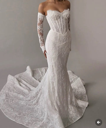 Mermaid Long Sleeve Lace Basque Waist Wedding Dress BWD318 With Detachable Train