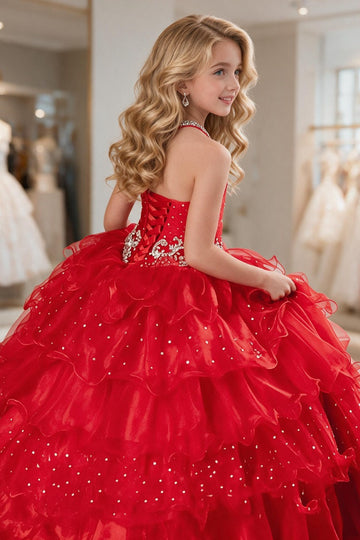 Trendy Red Kids Girls Pearls Ball Gown Prom Gown GCH0161