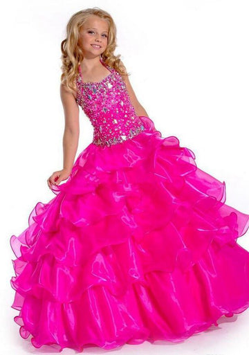 Trendy Fuchsia Organza Straps Puffy Ball Party Gown GCH0170