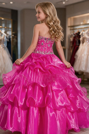 Trendy Fuchsia Organza Straps Puffy Ball Party Gown GCH0170