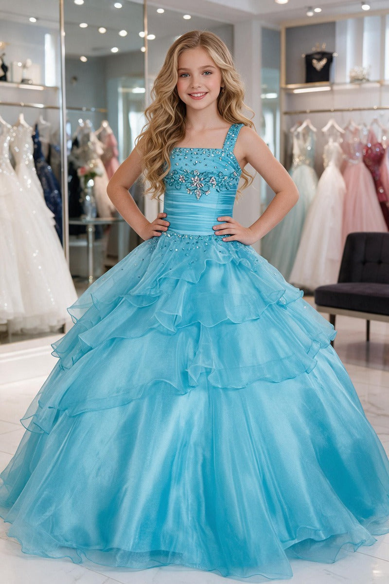 Trendy Light Blue Organza Ruffles Kids Puffy Ball Prom Gown GCH0171