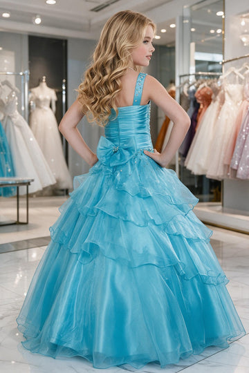Trendy Light Blue Organza Ruffles Kids Puffy Ball Prom Gown GCH0171