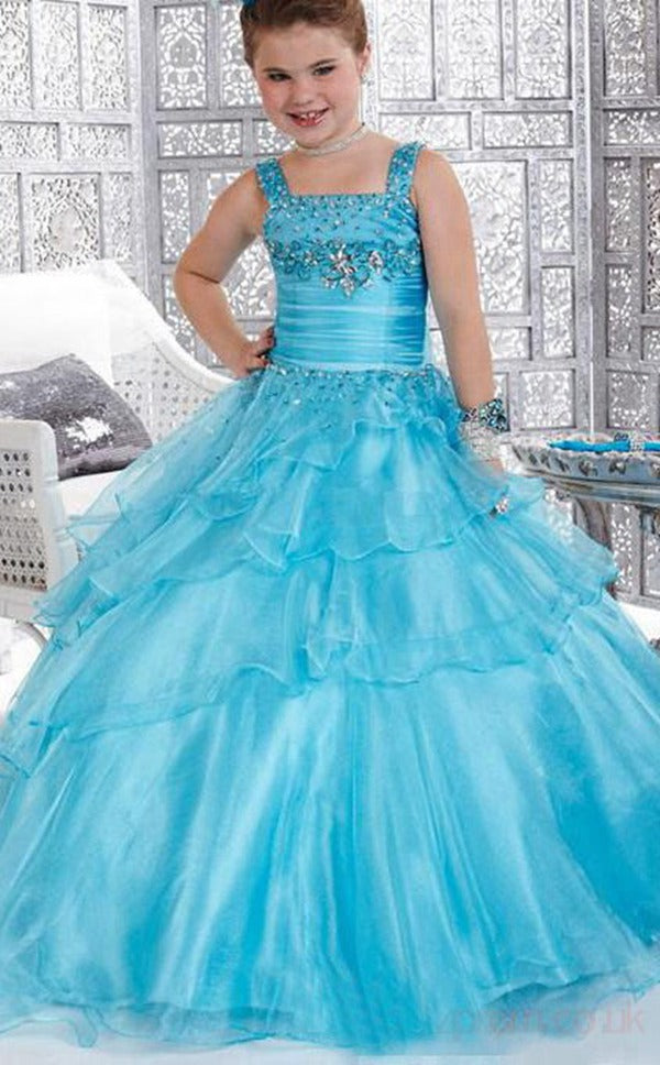 Trendy Light Blue Organza Ruffles Kids Puffy Ball Prom Gown GCH0171