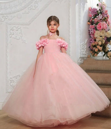 Kids Girls Off-the-shoulder Pink Princess Party Gowns with 3D Flowers CH0176