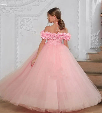Kids Girls Off-the-shoulder Pink Princess Party Gowns with 3D Flowers CH0176