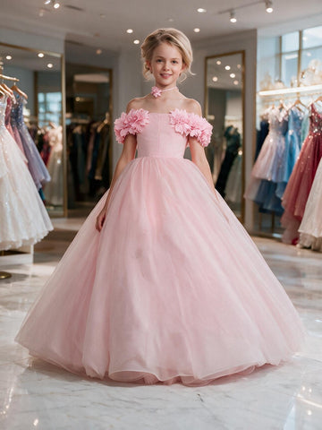 Kids Girls Off-the-shoulder Pink Princess Party Gowns with 3D Flowers CH0176