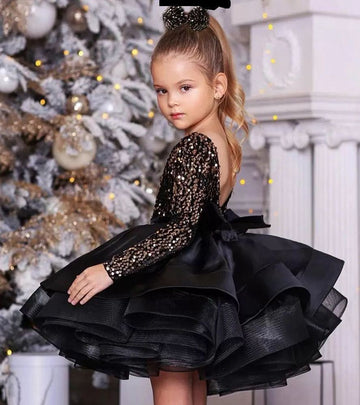 Kids Girls Short Black Vintage Long sleeve Party Ball Gowns CH0179