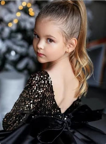 Kids Girls Short Black Vintage Long sleeve Party Ball Gowns CH0179