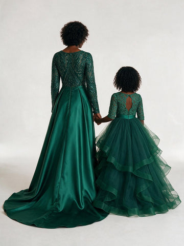 Dark Green Long Sleeve Mommy and Me Matching Gowns FGD470