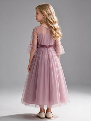 Nude 3/4 Sleeve Tulle A-line Tea-length Flower Girl Dress FGD549
