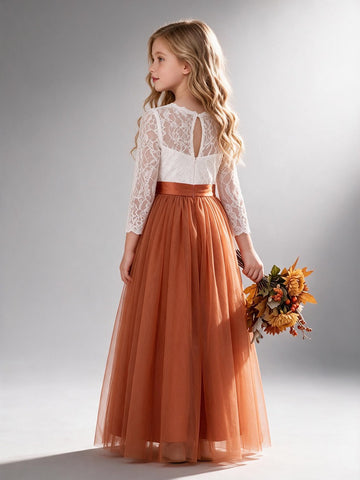 Long Sleeve Tulle Lace A-line Floor-length Flower Girl Dress FGD550