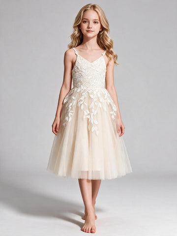 Simple Lace Tulle Light Champagne Short Flower Girl Dress FGDA28