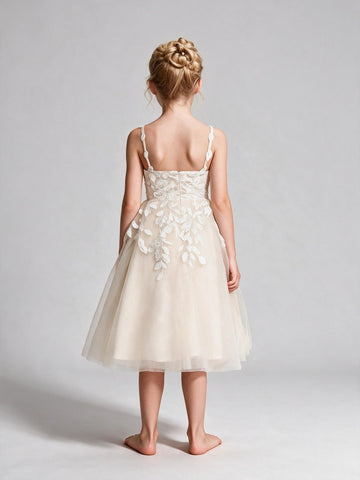 Simple Lace Tulle Light Champagne Short Flower Girl Dress FGDA28