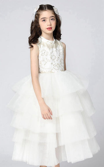 Kids High Neck White First Communion Gowns GACH015