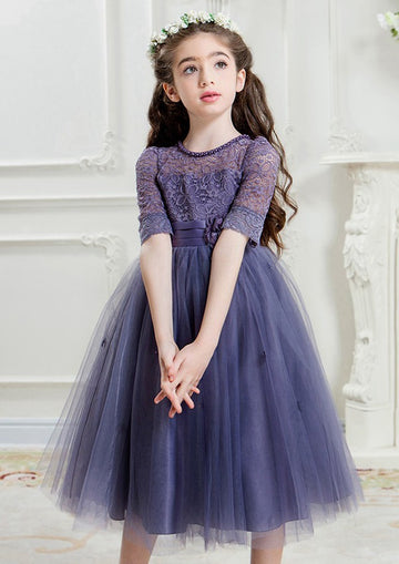 Dusty Purple Tea Length Short Sleeve Child Party Dress GACH016