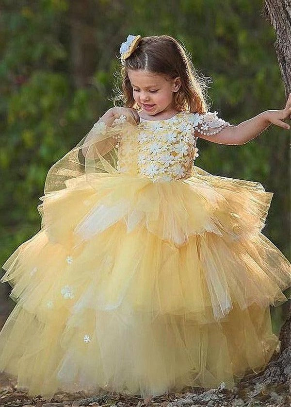 Yellow Kiddie Layered Ruffle Ball Gown GACH160