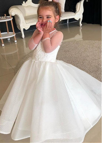 White Tulle Long Sleeve Kids Ball Gown GACH175