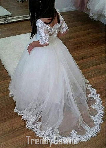 Half Sleeve White Kiddie Party Gown GACH176