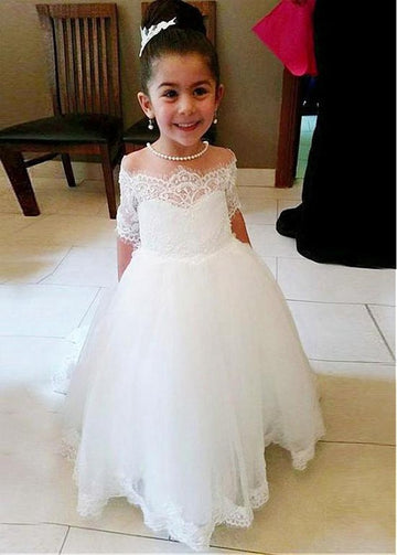 Half Sleeve White Kiddie Party Gown GACH176