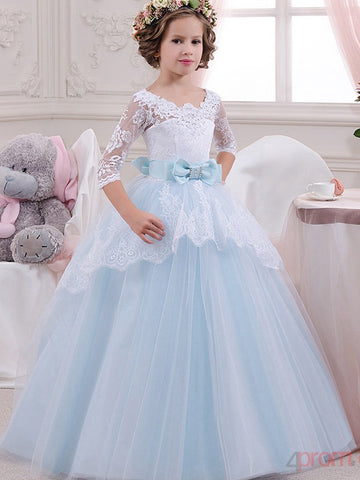 Sky Blue Long Sleeve Girls Party Gown GCH0127